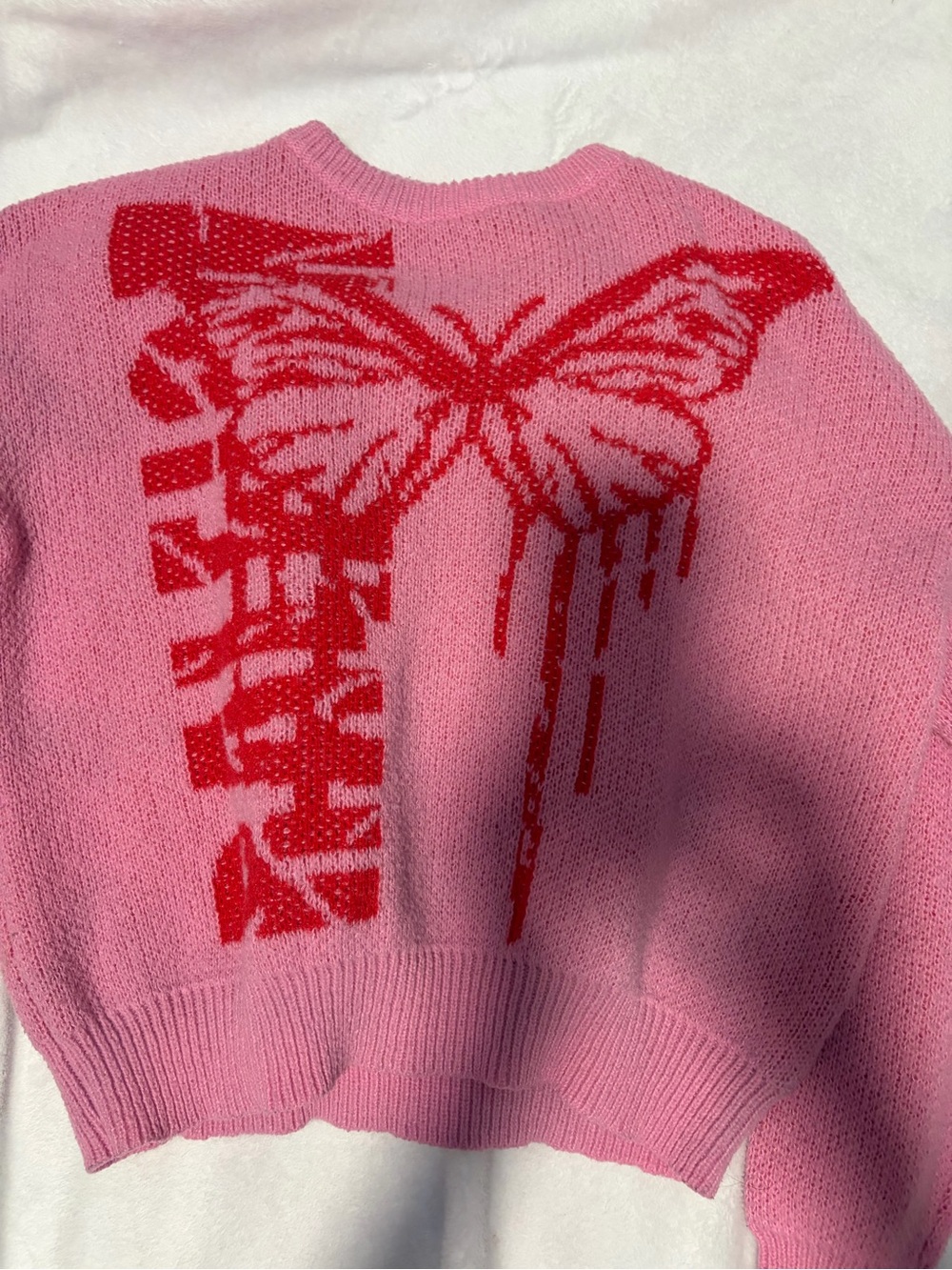 SHEIN Pink Knit Sweater with Red Butterfly Motif